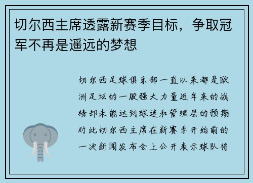 切尔西主席透露新赛季目标，争取冠军不再是遥远的梦想