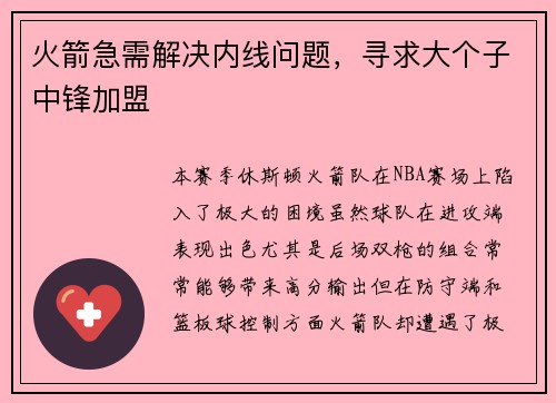 火箭急需解决内线问题，寻求大个子中锋加盟